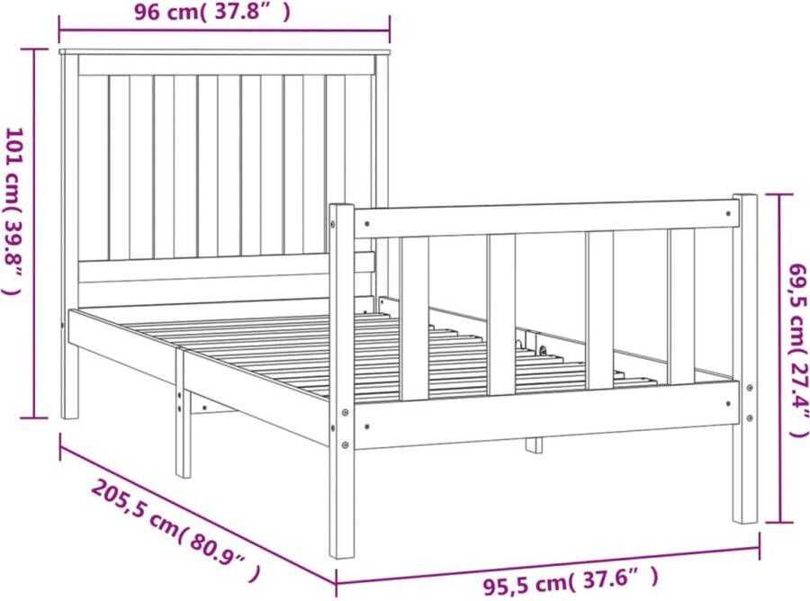 VidaXL -Bedframe-met-hoofdbord-massief-grenenhout-zwart-90x200-cm - Foto 2