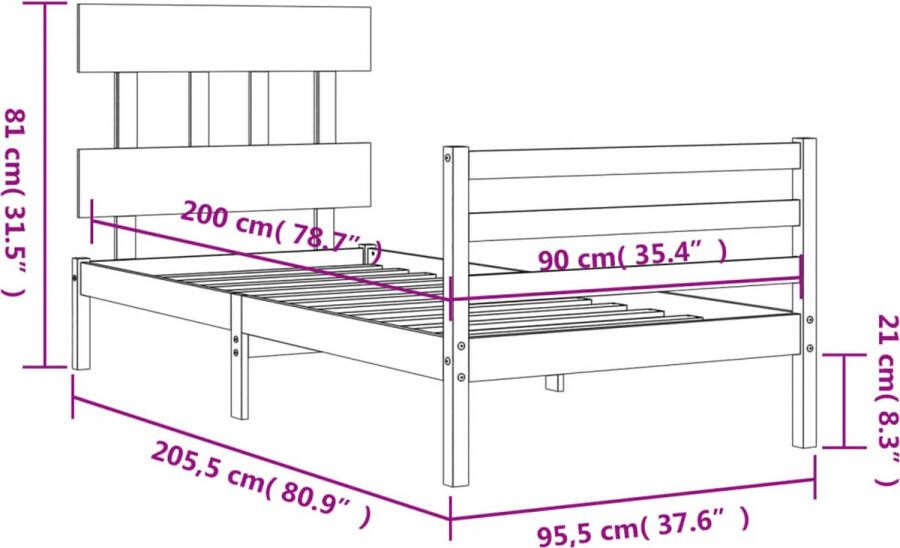 VidaXL -Bedframe-met-hoofdbord-massief-hout-90x200-cm - Foto 2