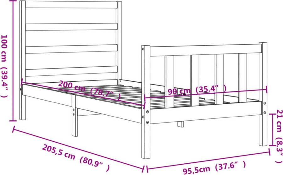 vidaXL -Bedframe-met-hoofdbord-massief-hout-90x200-cm