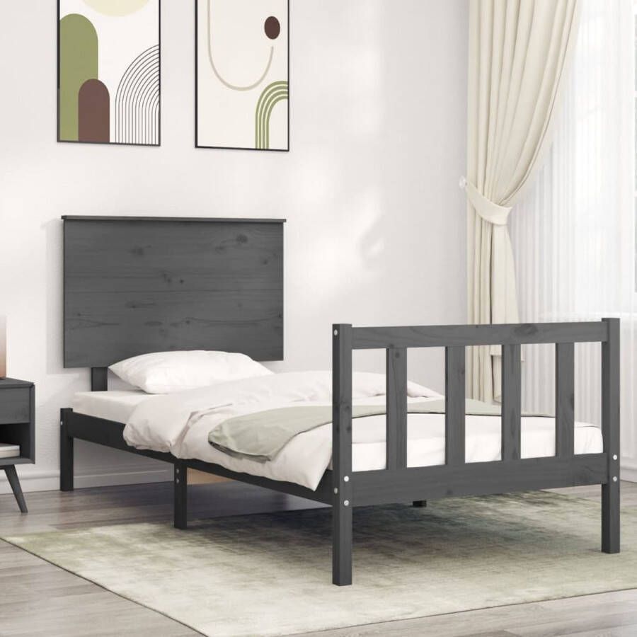 VidaXL -Bedframe-met-hoofdbord-massief-hout-grijs-100x200-cm - Foto 2