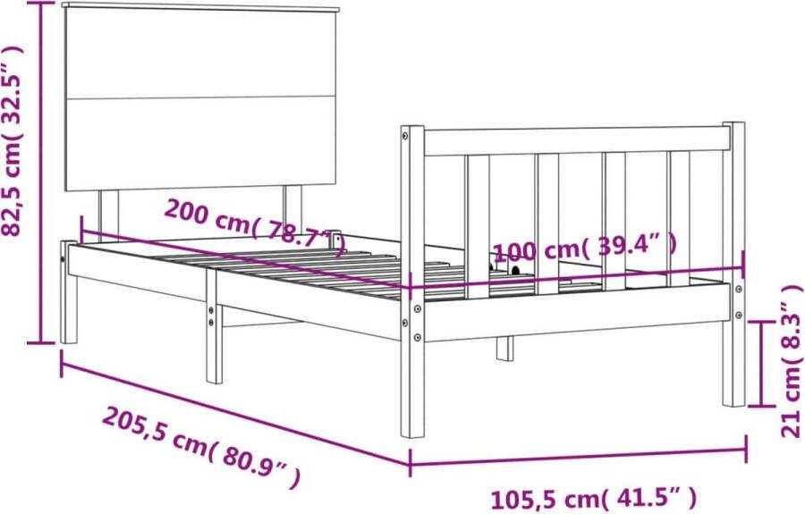 VidaXL -Bedframe-met-hoofdbord-massief-hout-grijs-100x200-cm