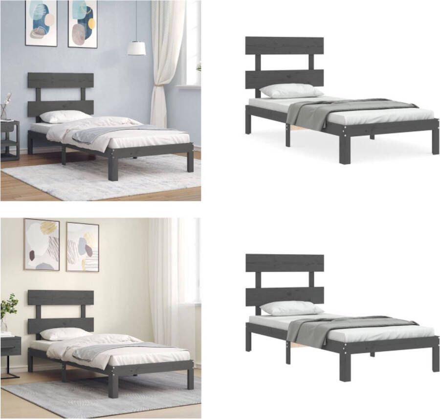 VidaXL Bedframe met hoofdbord massief hout grijs 100x200 cm Bedframe Bedframes Bed Eenpersoonsbed