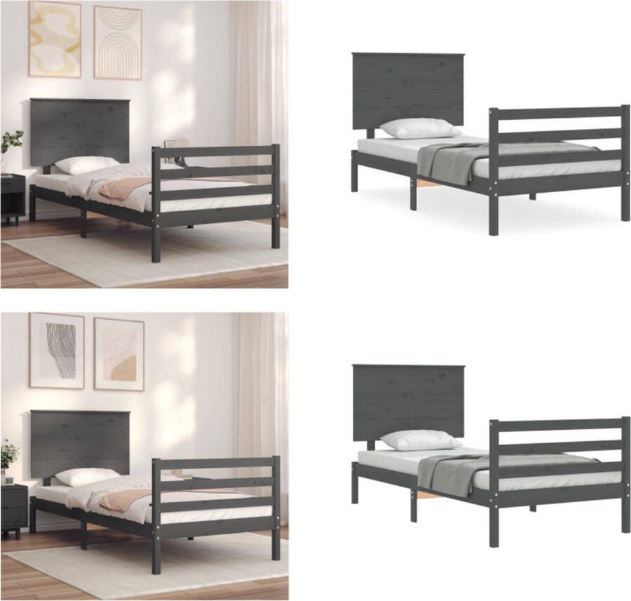VidaXL Bedframe met hoofdbord massief hout grijs 100x200 cm Bedframe Bedframes Bed Eenpersoonsbed