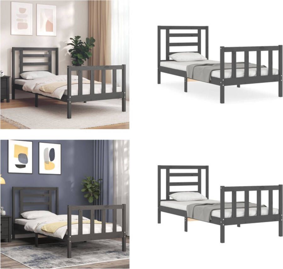 VidaXL Bedframe met hoofdbord massief hout grijs 100x200 cm Bedframe Bedframes Bed Eenpersoonsbed