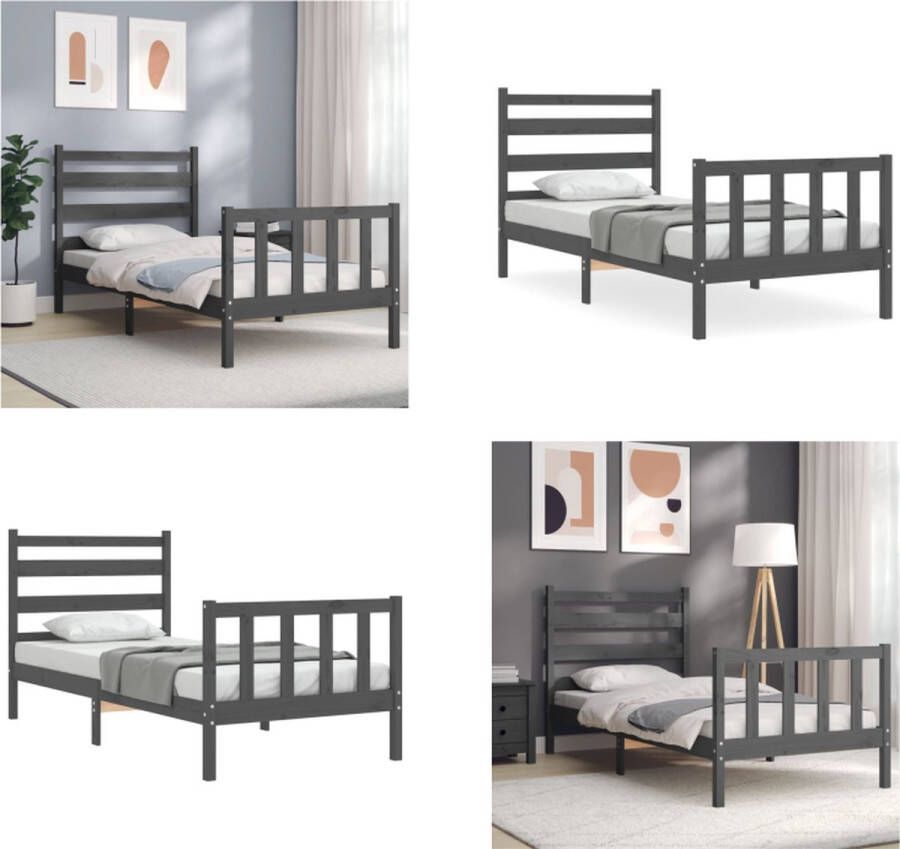 VidaXL Bedframe met hoofdbord massief hout grijs 100x200 cm Bedframe Bedframes Bed Eenpersoonsbed