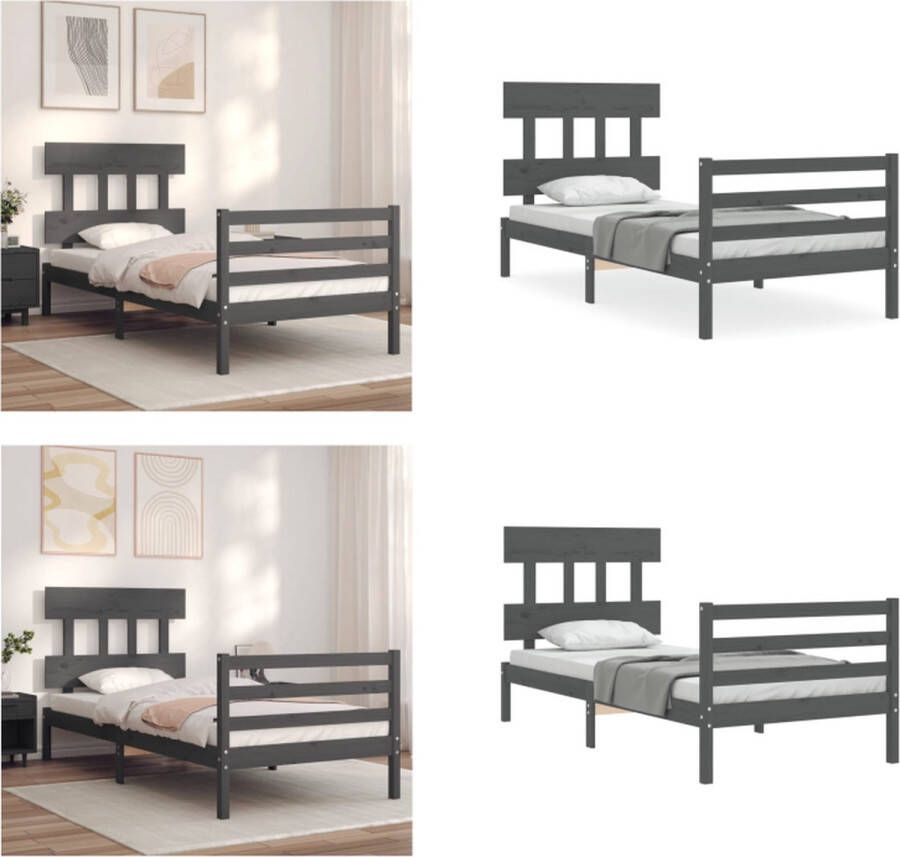 VidaXL Bedframe met hoofdbord massief hout grijs 100x200 cm Bedframe Bedframes Bed Eenpersoonsbed