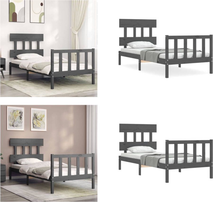 VidaXL Bedframe met hoofdbord massief hout grijs 100x200 cm Bedframe Bedframes Bed Eenpersoonsbed