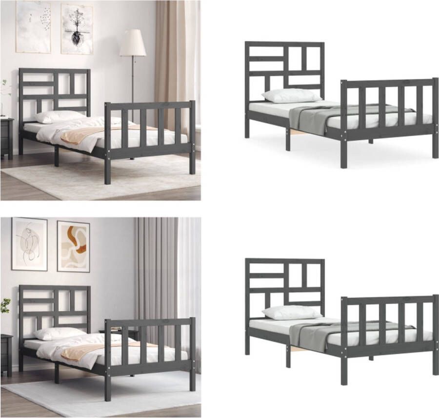 VidaXL Bedframe met hoofdbord massief hout grijs 100x200 cm Bedframe Bedframes Bed Eenpersoonsbed
