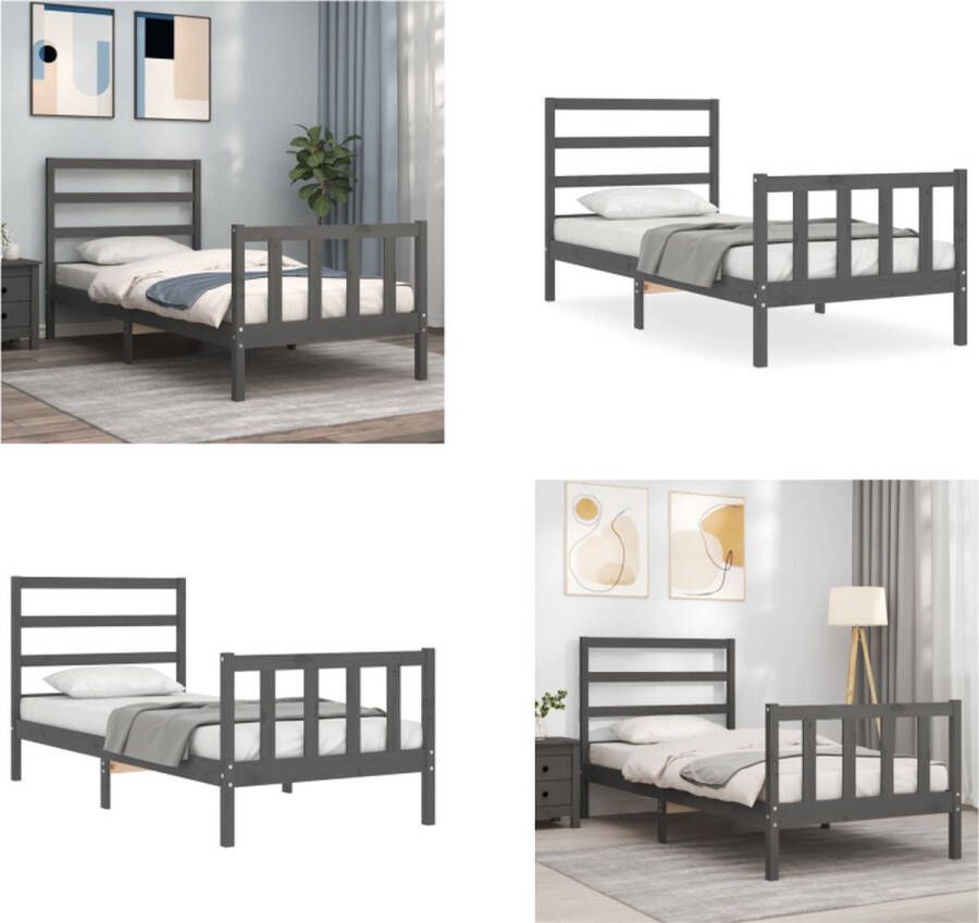 vidaXL Bedframe met hoofdbord massief hout grijs 100x200 cm Bedframe Bedframes Bed Eenpersoonsbed