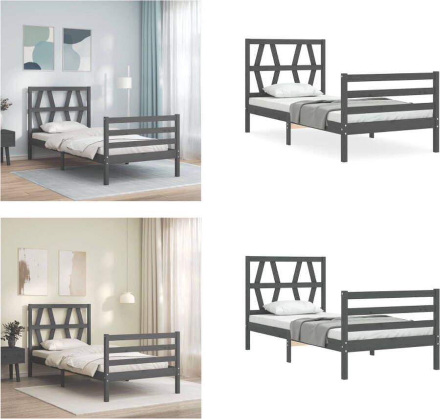 vidaXL Bedframe met hoofdbord massief hout grijs 100x200 cm Bedframe Bedframes Bed Eenpersoonsbed