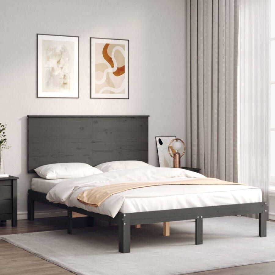 VidaXL -Bedframe-met-hoofdbord-massief-hout-grijs-120x200-cm - Foto 2