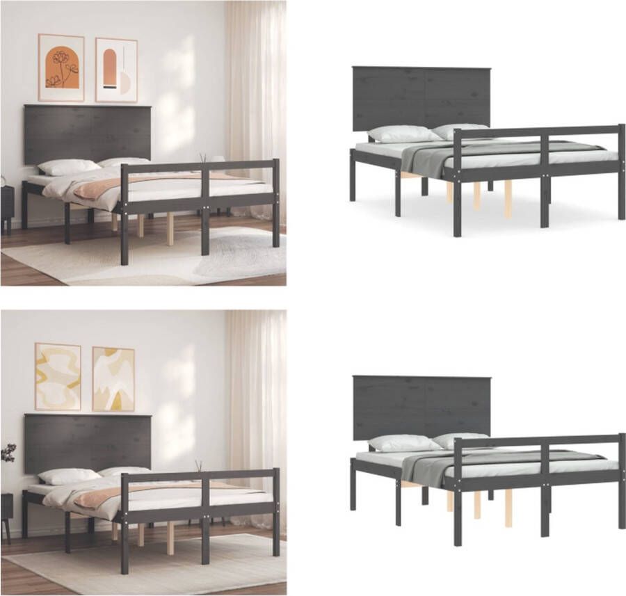 VidaXL Bedframe met hoofdbord massief hout grijs 140x190 cm Bedframe Bedframes Bed Tweepersoonsbed