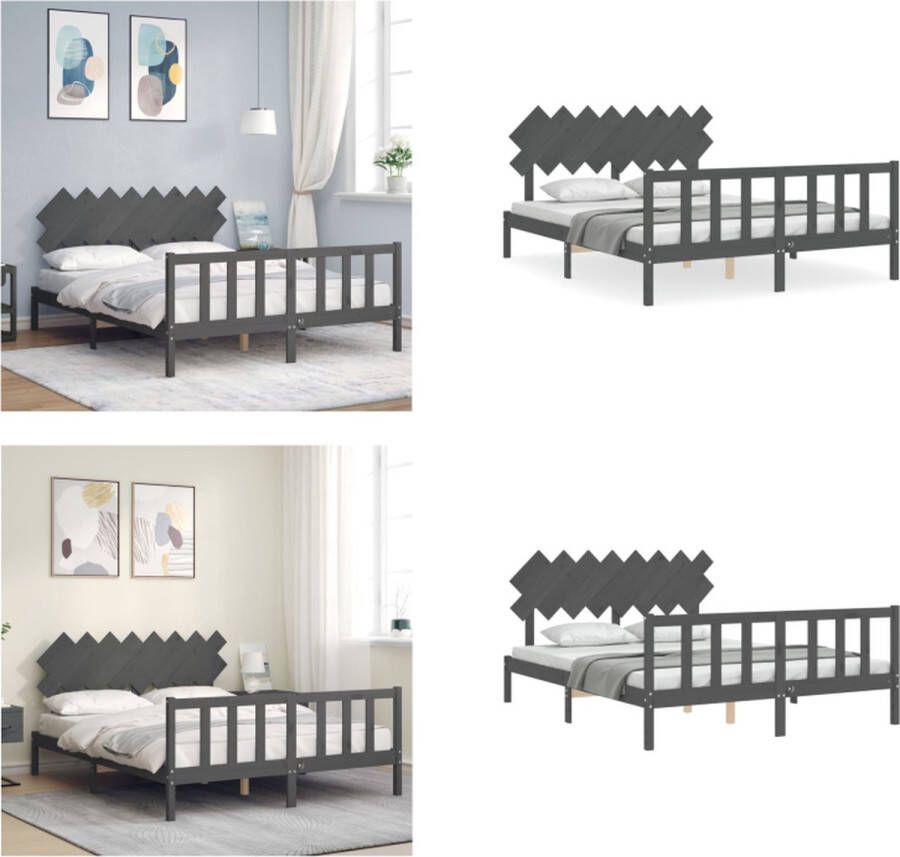 VidaXL Bedframe met hoofdbord massief hout grijs 160x200 cm Bedframe Bedframes Bed Tweepersoonsbed