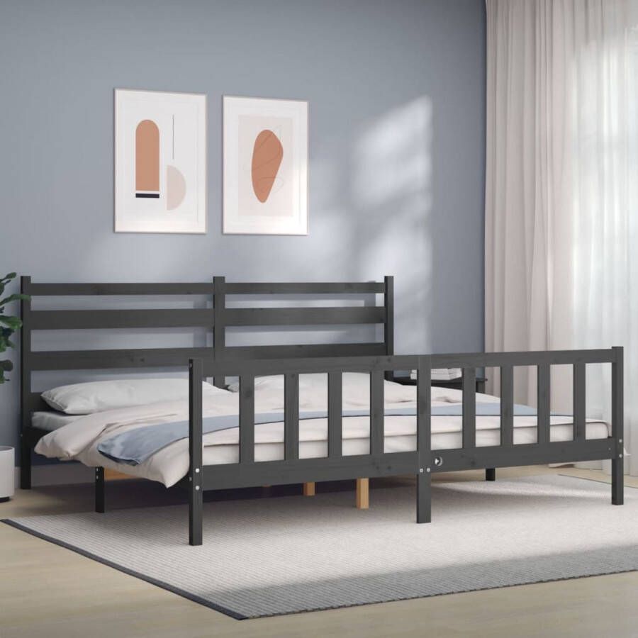 VidaXL -Bedframe-met-hoofdbord-massief-hout-grijs-180x200-cm