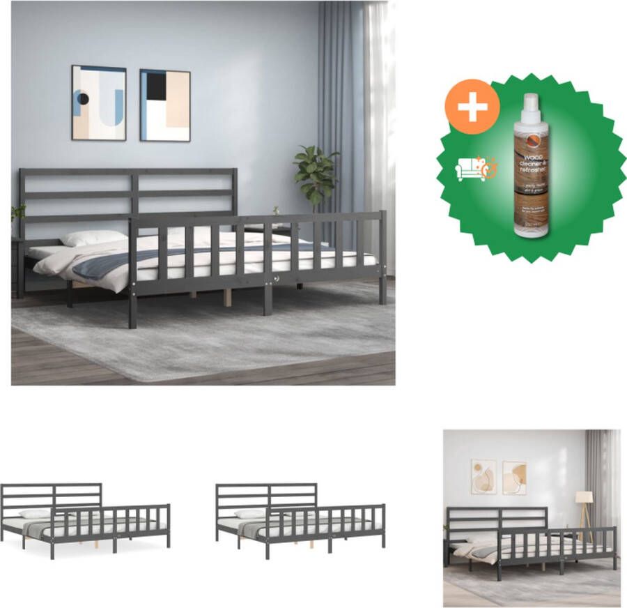 vidaXL Bedframe met hoofdbord massief hout grijs 180x200 cm Bed Inclusief Houtreiniger en verfrisser