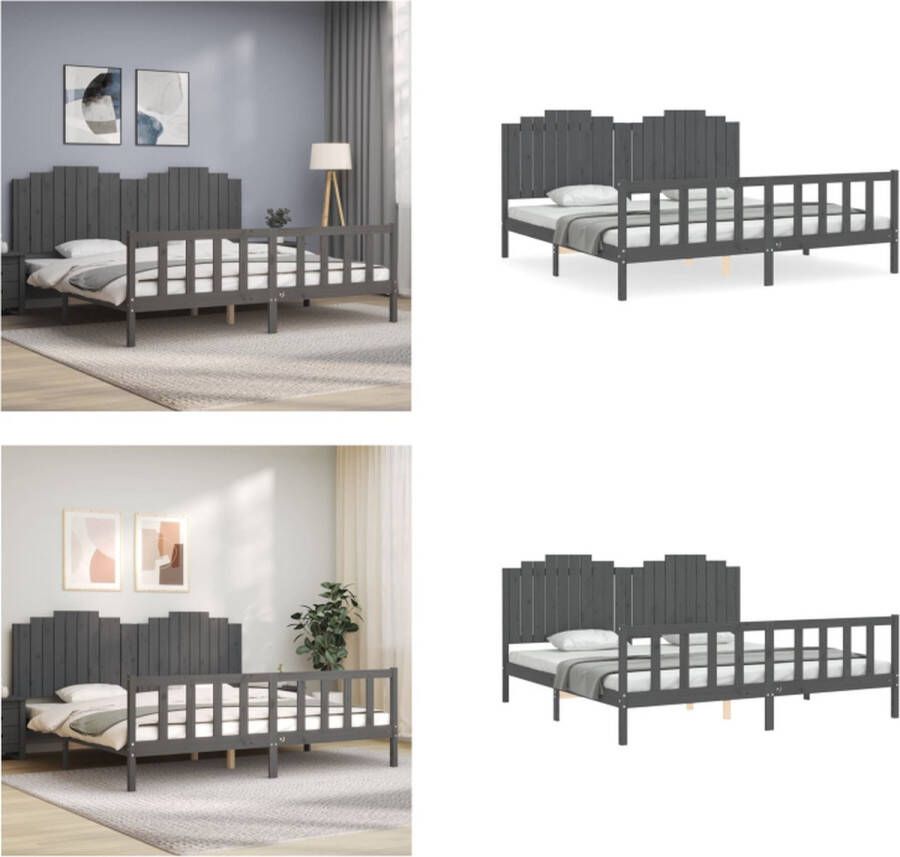 VidaXL Bedframe met hoofdbord massief hout grijs 200x200 cm Bedframe Bedframes Bed Tweepersoonsbed