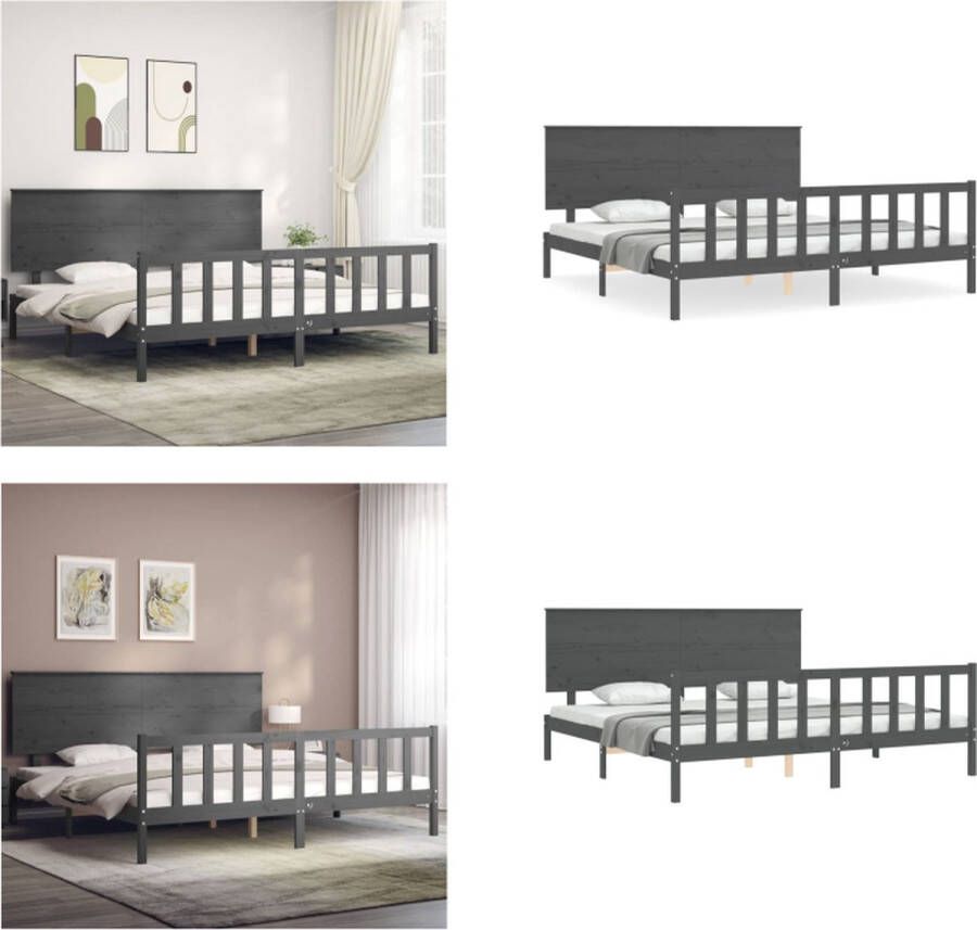 VidaXL Bedframe met hoofdbord massief hout grijs 200x200 cm Bedframe Bedframes Bed Tweepersoonsbed