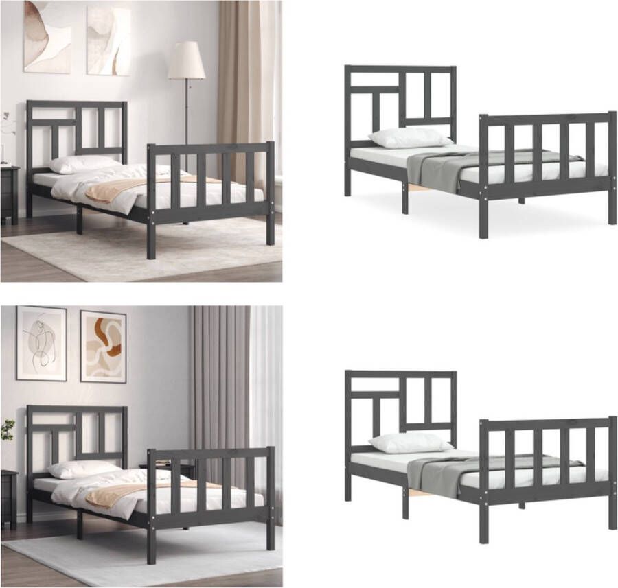 vidaXL Bedframe met hoofdbord massief hout grijs 3FT Single Bedframe Bedframes Bed Eenpersoonsbed