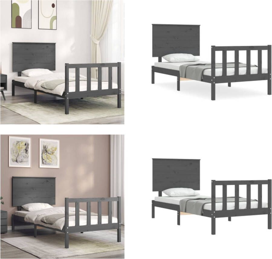 vidaXL Bedframe met hoofdbord massief hout grijs 3FT Single Bedframe Bedframes Bed Eenpersoonsbed