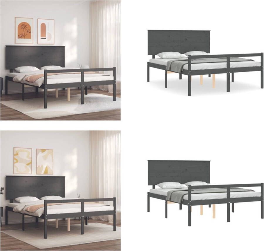 vidaXL Bedframe met hoofdbord massief hout grijs 5 FT King Bedframe Bedframes Bed Tweepersoonsbed