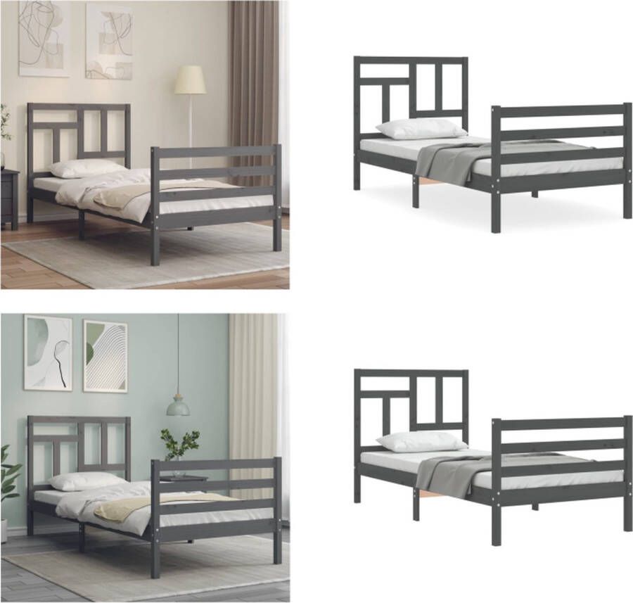 VidaXL Bedframe met hoofdbord massief hout grijs 90x200 cm Bedframe Bedframes Bed Eenpersoonsbed - Foto 4