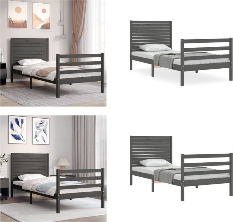 VidaXL Bedframe met hoofdbord massief hout grijs 90x200 cm Bedframe Bedframes Bed Eenpersoonsbed