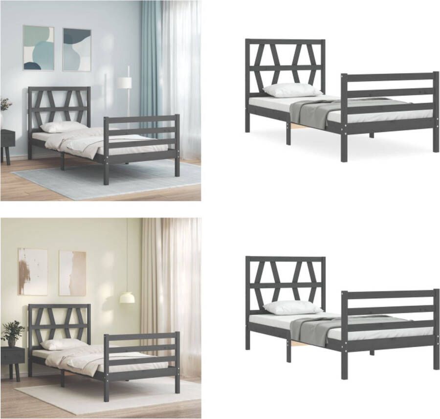 vidaXL Bedframe met hoofdbord massief hout grijs 90x200 cm Bedframe Bedframes Bed Eenpersoonsbed
