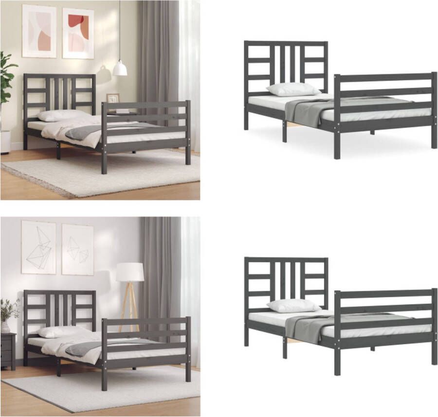 VidaXL Bedframe met hoofdbord massief hout grijs 90x200 cm Bedframe Bedframes Bed Eenpersoonsbed - Foto 5