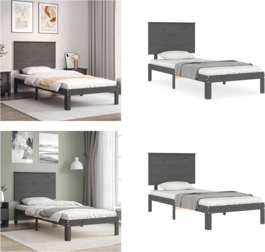 VidaXL Bedframe met hoofdbord massief hout grijs 90x200 cm Bedframe Bedframes Bed Eenpersoonsbed