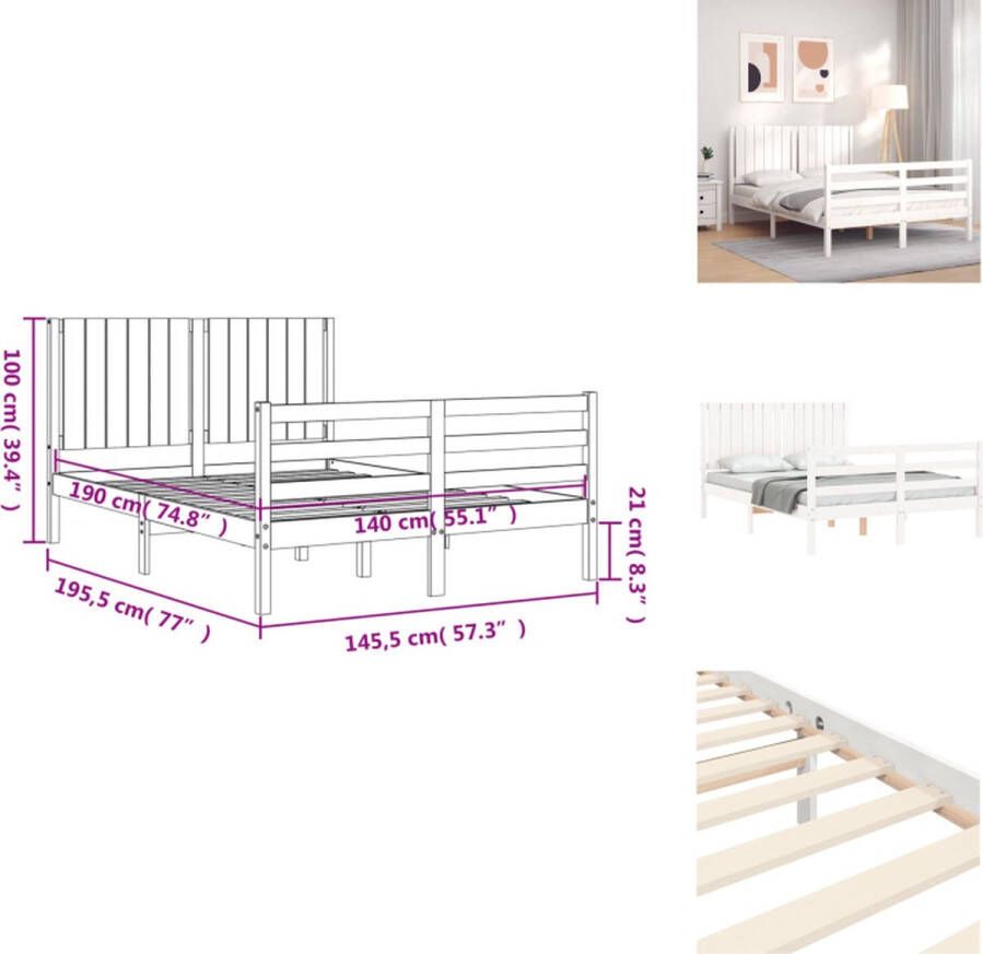 VidaXL Bedframe Bedframes Bed Tweepersoonsbed Bedframe met hoofdbord massief hout wit 140x190 cm - Foto 2