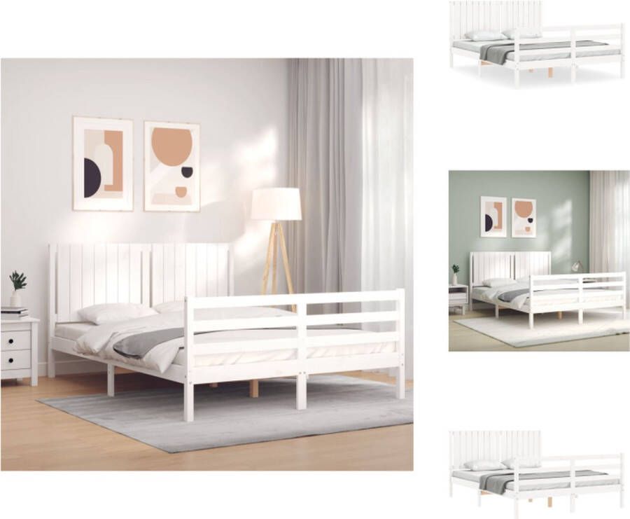 VidaXL Bedframe Bedframes Bed Tweepersoonsbed Bedframe met hoofdbord massief hout wit 160x200 cm - Foto 3