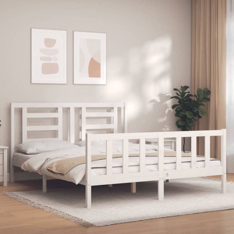 VidaXL -Bedframe-met-hoofdbord-massief-hout-wit-5-FT-King-Size - Foto 1