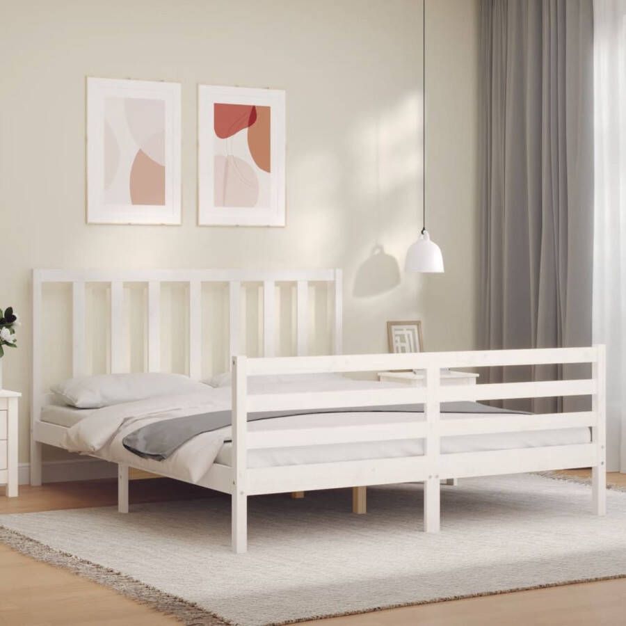 VidaXL -Bedframe-met-hoofdbord-massief-hout-wit-5-FT-King-Size - Foto 1