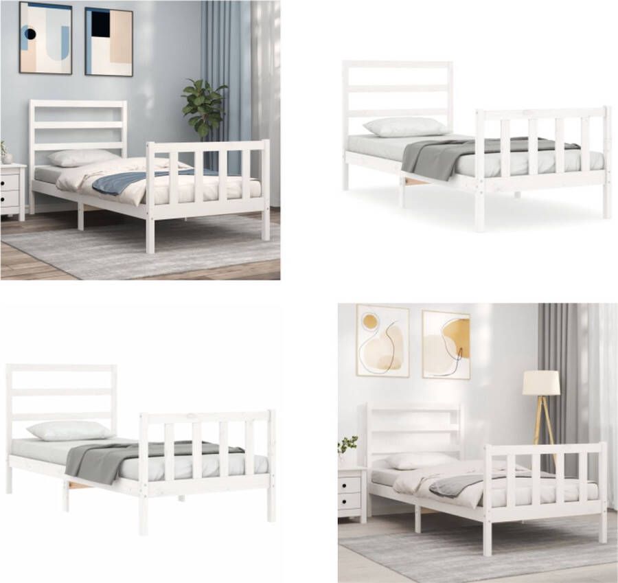 vidaXL Bedframe met hoofdbord massief hout wit 90x190 cm Bedframe Bedframes Bed Eenpersoonsbed