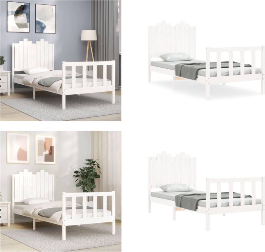 vidaXL Bedframe met hoofdbord massief hout wit 90x190 cm Bedframe Bedframes Bed Eenpersoonsbed