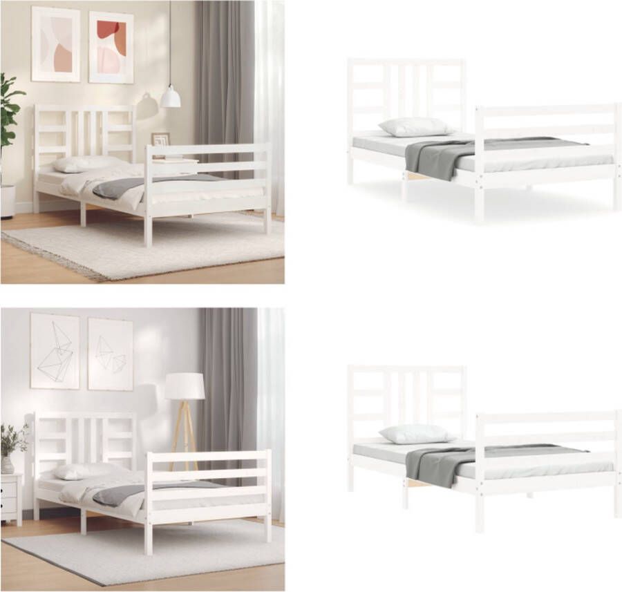 VidaXL Bedframe met hoofdbord massief hout wit 90x200 cm Bedframe Bedframes Bed Eenpersoonsbed