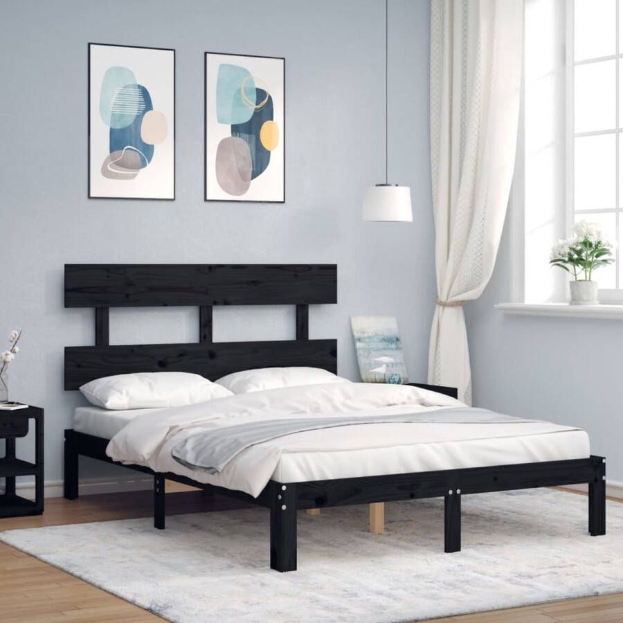 VidaXL -Bedframe-met-hoofdbord-massief-hout-zwart-4FT-Small-Double - Foto 4