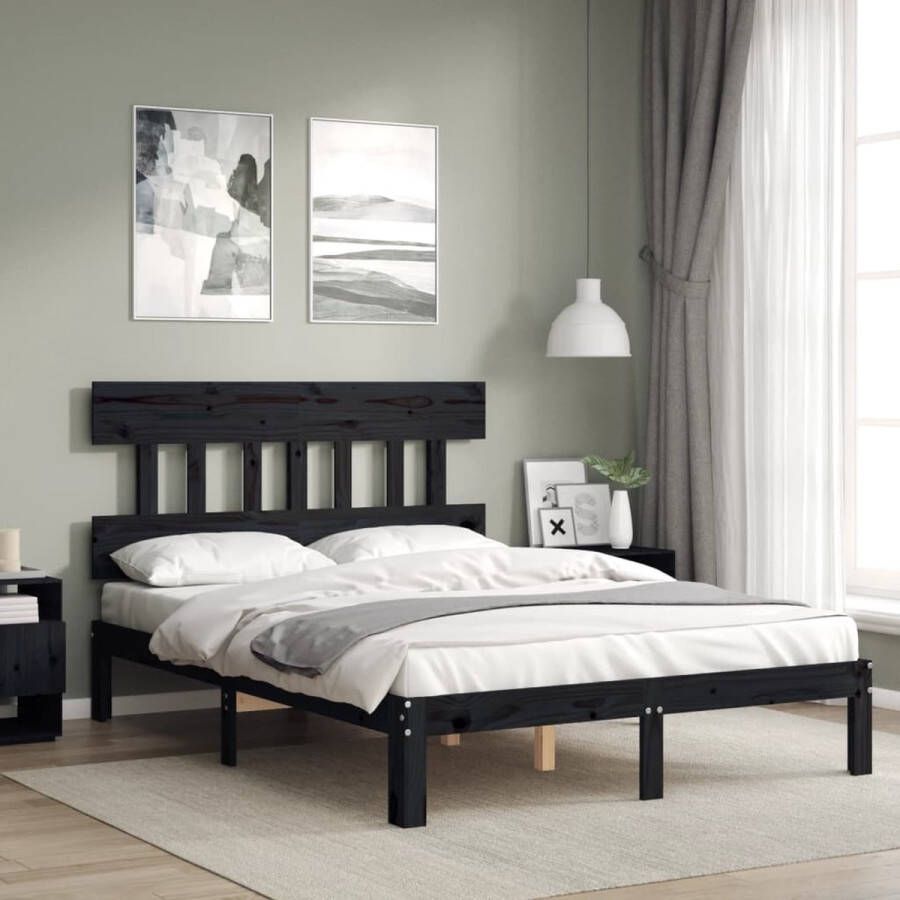 VidaXL -Bedframe-met-hoofdbord-massief-hout-zwart-4FT6-Double - Foto 4