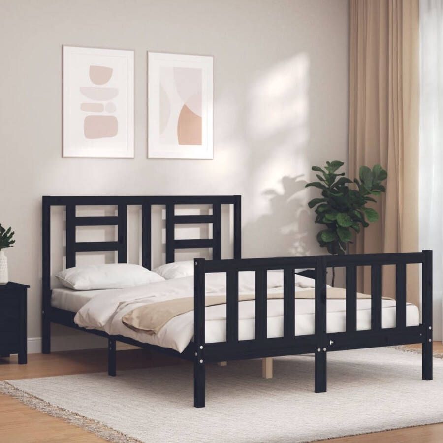 VidaXL -Bedframe-met-hoofdbord-massief-hout-zwart-4FT6-Double - Foto 1
