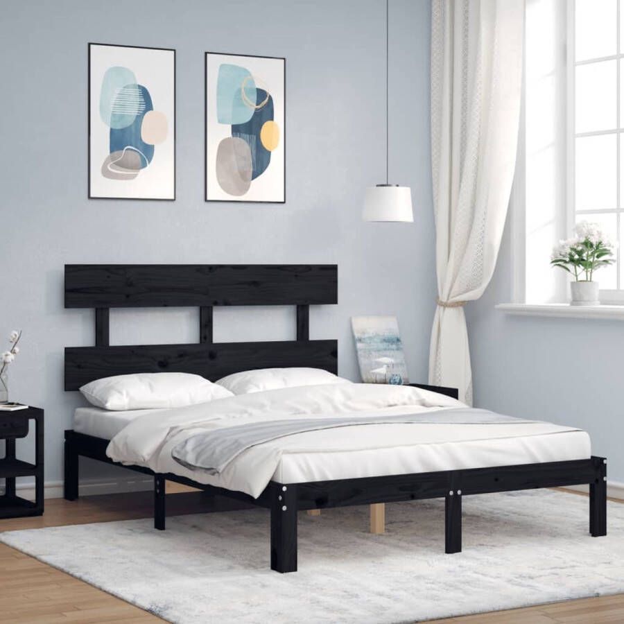VidaXL -Bedframe-met-hoofdbord-massief-hout-zwart-4FT6-Double - Foto 1