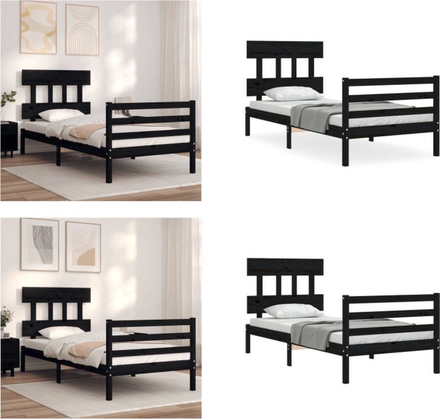 VidaXL Bedframe met hoofdbord massief hout zwart 90x200 cm Bedframe Bedframes Bed Eenpersoonsbed