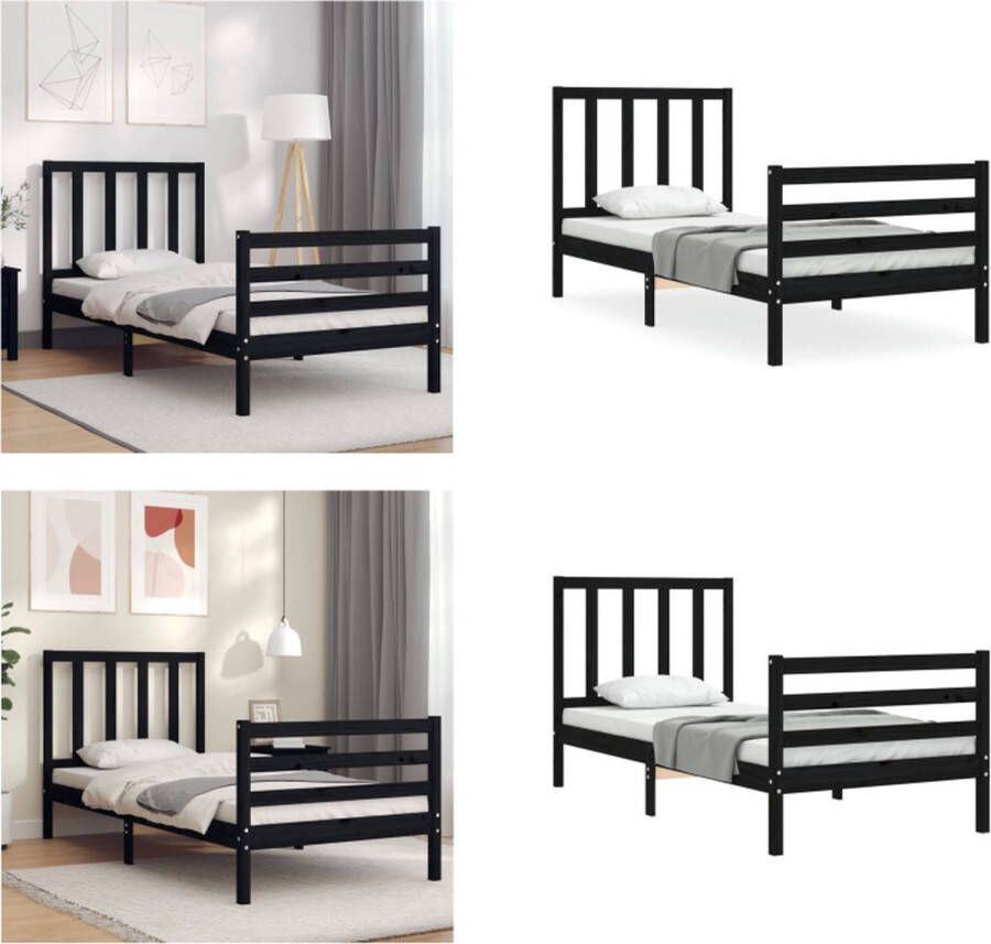 VidaXL Bedframe met hoofdbord massief hout zwart 90x200 cm Bedframe Bedframes Bed Eenpersoonsbed