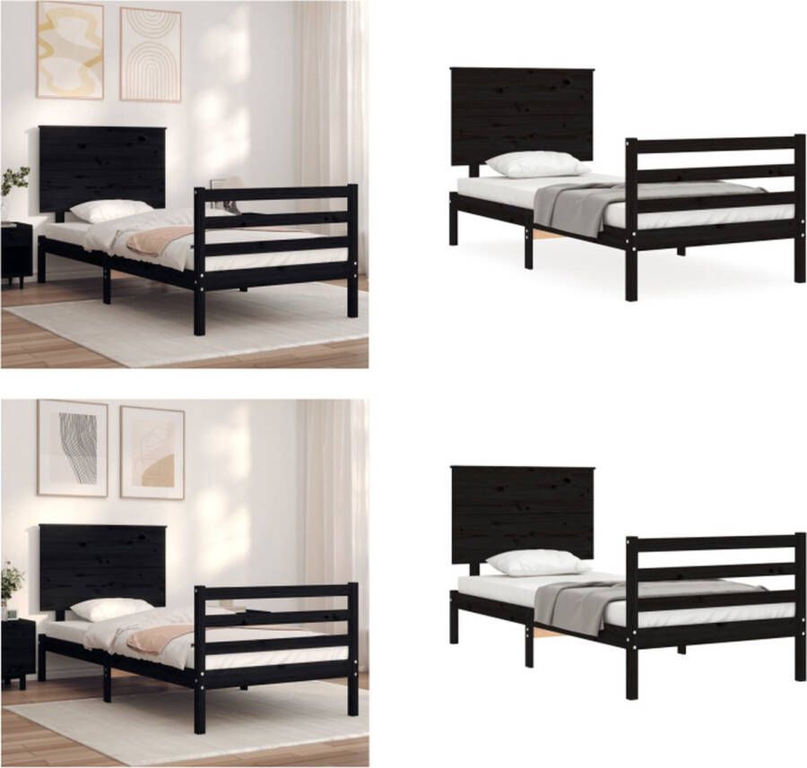 VidaXL Bedframe met hoofdbord massief hout zwart 90x200 cm Bedframe Bedframes Bed Eenpersoonsbed