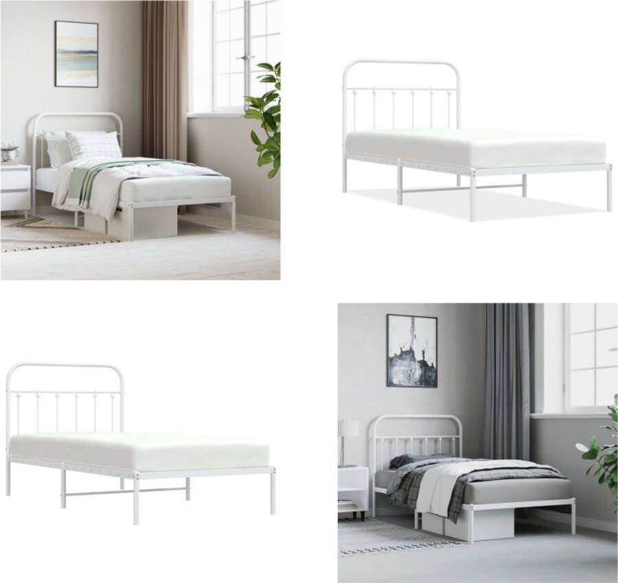 VidaXL Bedframe met hoofdbord metaal wit 100x190 cm Bedframe Bedframes Eenpersoonsbed Bed - Foto 2