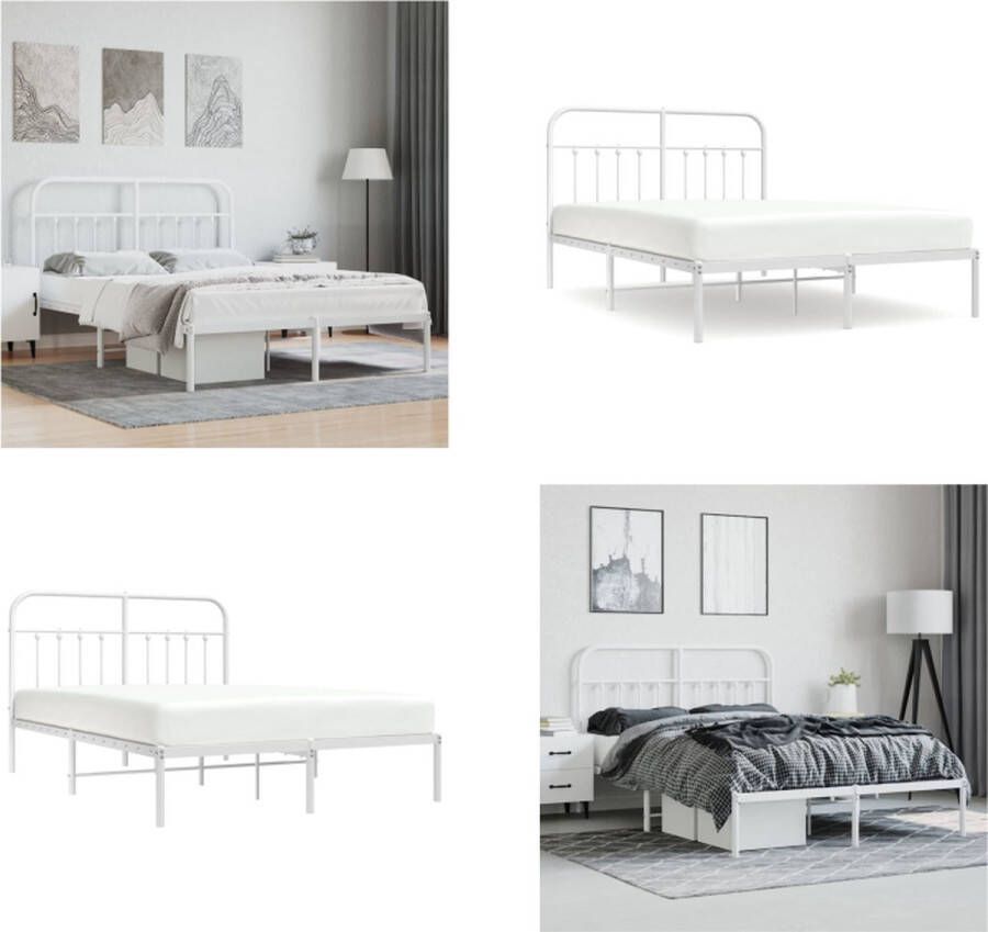 VidaXL Bedframe met hoofdbord metaal wit 135x190 cm Bedframe Bedframes Tweepersoonsbed Bed