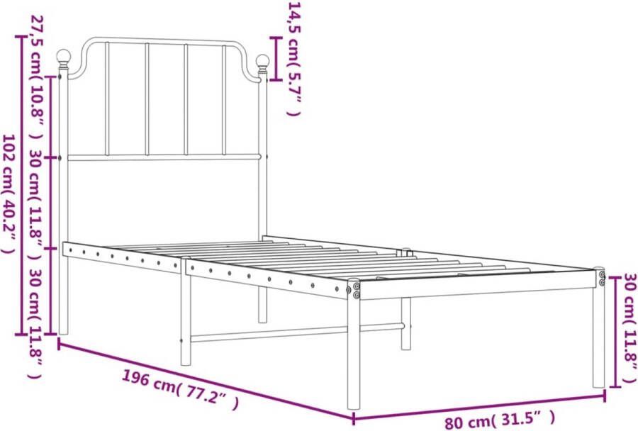 VidaXL Bedframe met hoofdbord zonder matras metaal wit 75x190 cm - Foto 3