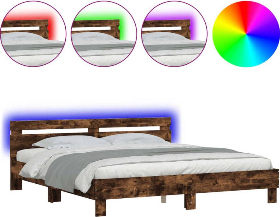 VidaXL -Bedframe-met-hoofdeinde-en-LED-gerookt-eikenkleurig-200x200-cm - Foto 3