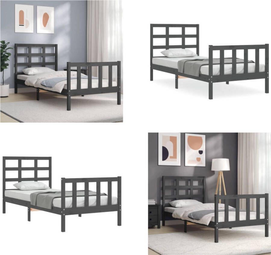 VidaXL Bedframe met hoofdeinde massief hout grijs 90x190 cm Bedframe Bedframes Bed Eenpersoonsbed - Foto 3