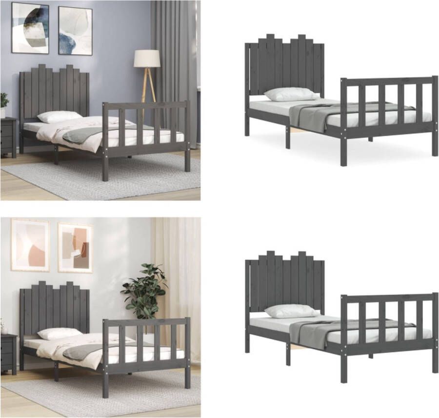 VidaXL Bedframe met hoofdeinde massief hout grijs 90x190 cm Bedframe Bedframes Bed Eenpersoonsbed