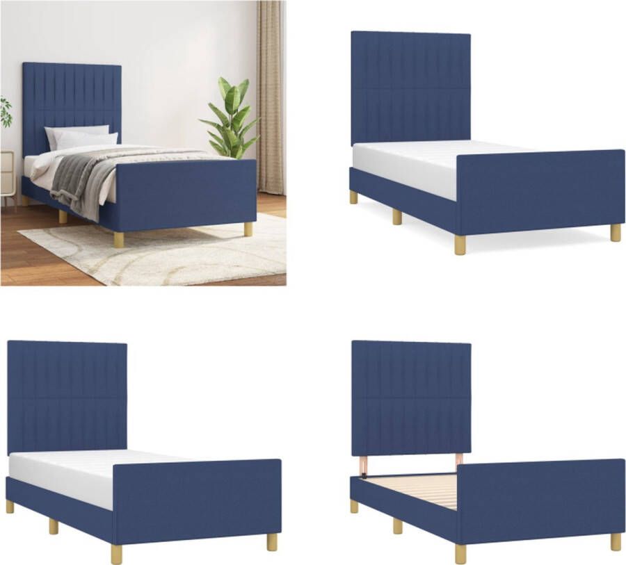 vidaXL Bedframe met hoofdeinde stof blauw 100x200 cm Bedframe Met Hoofdeinde Bedframes Met Hoofdeindes Bed Slaapmeubel